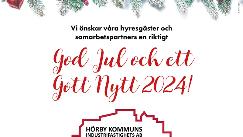 Julhälsning från Hörby Kommuns industrifastighets AB i form av text i rött på vit bakgrund